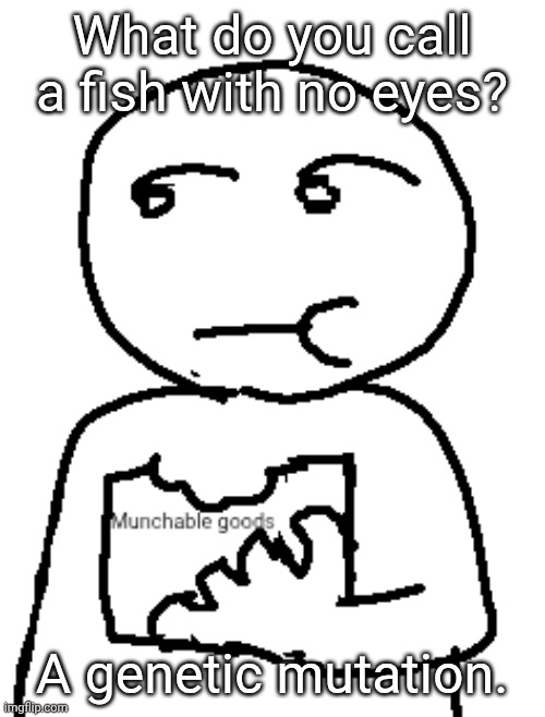 Munchable goods | What do you call a fish with no eyes? A genetic mutation. | image tagged in munchable goods | made w/ Imgflip meme maker