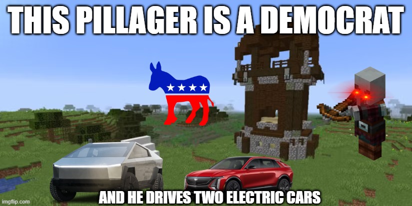 Pillager Outpost | THIS PILLAGER IS A DEMOCRAT; AND HE DRIVES TWO ELECTRIC CARS | image tagged in pillager outpost | made w/ Imgflip meme maker