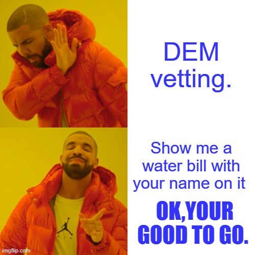 Water bill & rent receipt, voter status APPROVED. | DEM vetting. Show me a water bill with your name on it; OK,YOUR GOOD TO GO. | image tagged in memes,drake hotline bling | made w/ Imgflip meme maker
