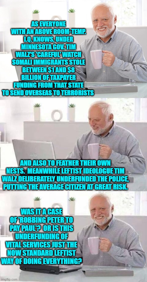 Incompetence or corruption leftists? | AS EVERYONE WITH AN ABOVE ROOM-TEMP. I.Q. KNOWS, UNDER MINNESOTA GOV. TIM WALZ'S 'CAREFUL' WATCH SOMALI IMMIGRANTS STOLE BETWEEN $1 AND $8 BILLION OF TAXPAYER FUNDING FROM THAT STATE TO SEND OVERSEAS TO TERRORISTS; AND ALSO TO FEATHER THEIR OWN NESTS.  MEANWHILE LEFTIST IDEOLOGUE TIM WALZ DELIBERATELY UNDERFUNDED THE POLICE, PUTTING THE AVERAGE CITIZEN AT GREAT RISK. WAS IT A CASE OF 'ROBBING PETER TO PAY PAUL'?  OR IS THIS UNDERFUNDING OF VITAL SERVICES JUST THE NOW STANDARD LEFTIST WAY OF DOING EVERYTHING? | image tagged in hide the pain harold | made w/ Imgflip meme maker