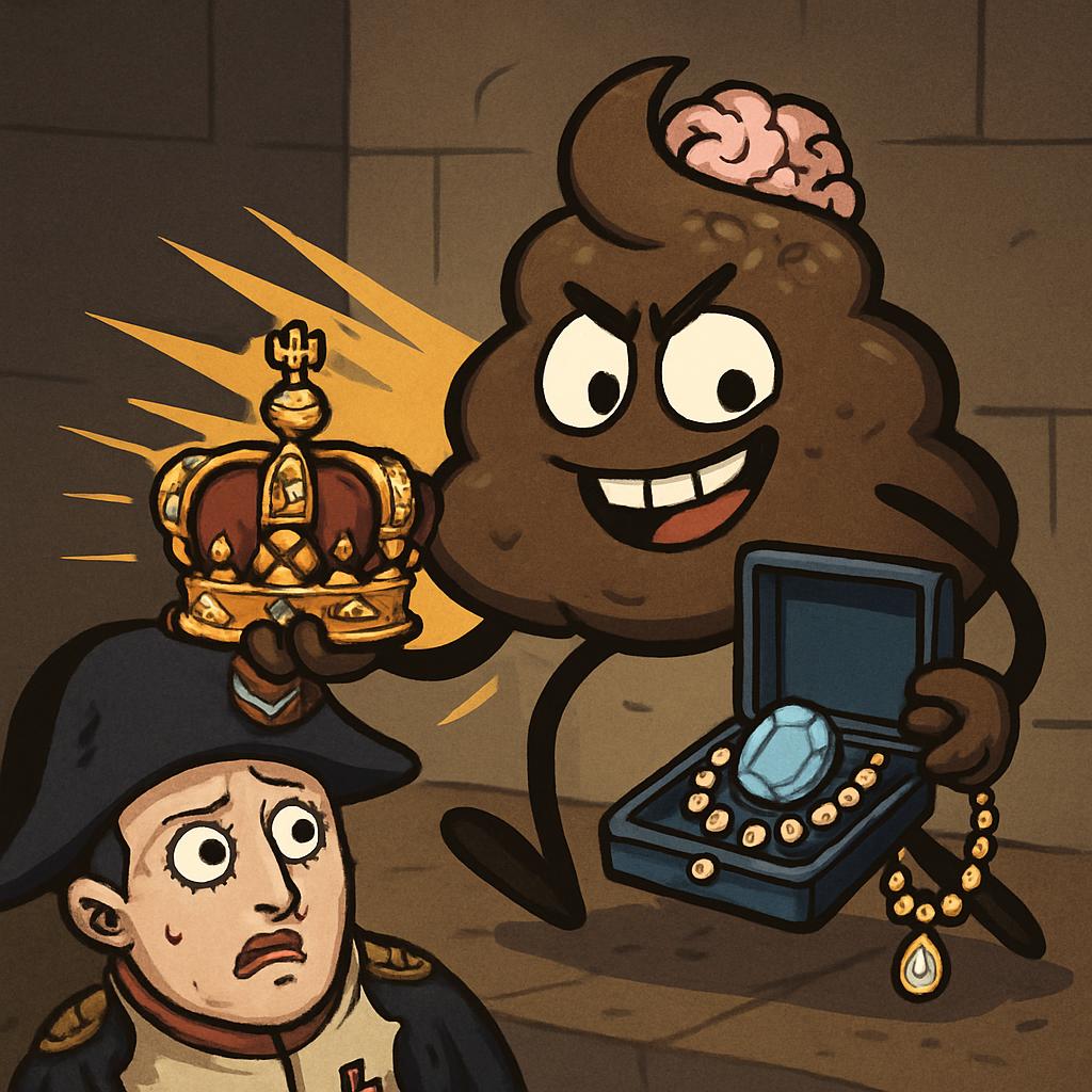 un caca maliceux avec un brainrot volent les bijou de napoleons Blank Meme Template