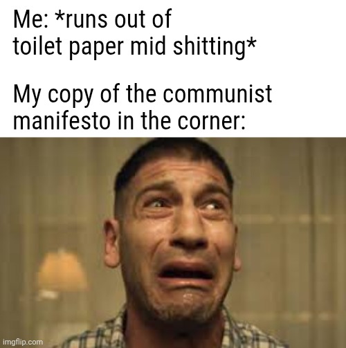 That's about all it's good for tbf | Me: *runs out of toilet paper mid shitting*; My copy of the communist manifesto in the corner: | image tagged in punisher no no no no no | made w/ Imgflip meme maker