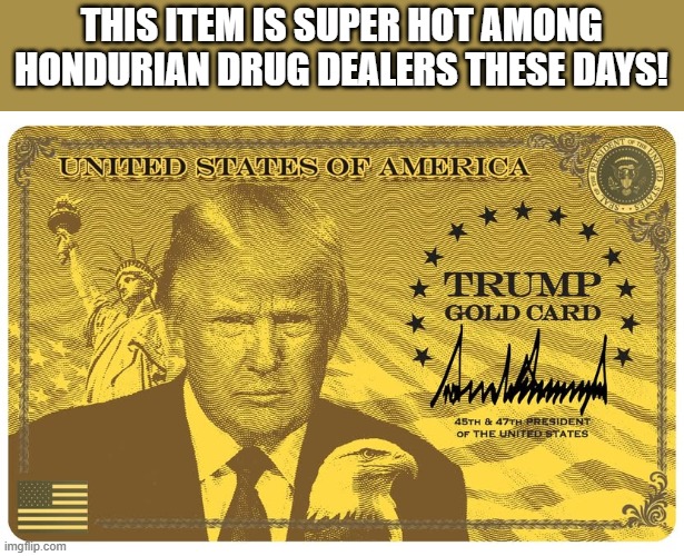 Hottest card ever | THIS ITEM IS SUPER HOT AMONG HONDURIAN DRUG DEALERS THESE DAYS! | image tagged in donald trump,maga,war on drugs,trump sucks,conservative,college conservative | made w/ Imgflip meme maker