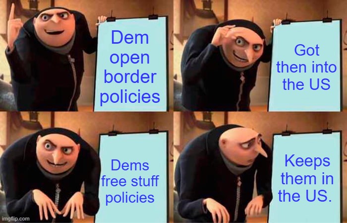 Any Question's or insults to the truth? | Dem open border policies; Got then into the US; Keeps them in the US. Dems free stuff policies | image tagged in memes,gru's plan | made w/ Imgflip meme maker