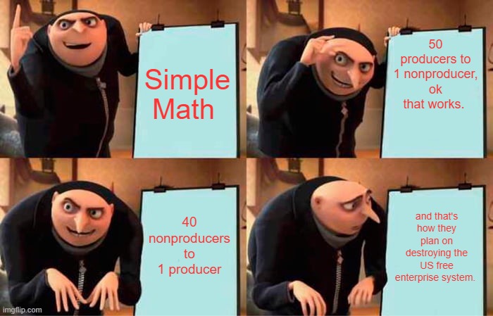 They want Socialism gov, total control of all money & they dole out your allowance. Socialism is a system for kids & teenagers | 50 producers to 1 nonproducer, ok that works. Simple Math; 40 nonproducers to 1 producer; and that's how they plan on destroying the US free enterprise system. | image tagged in memes,gru's plan | made w/ Imgflip meme maker