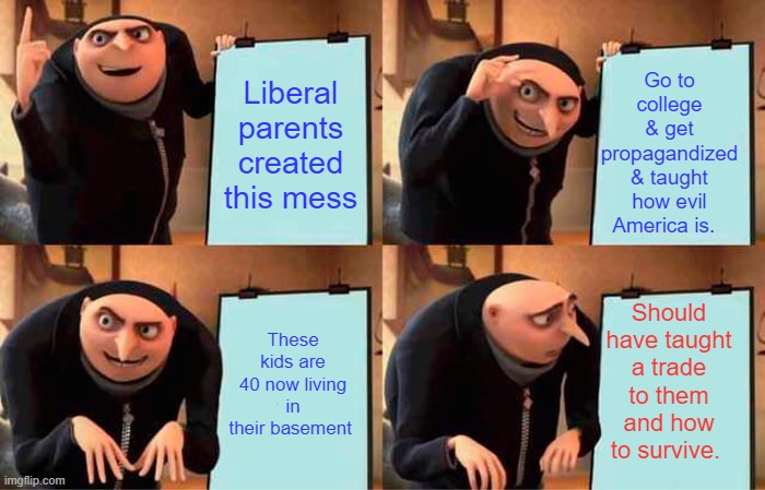 You know like the plumber (a job Americans won't do) you grip about when he shows the one making 2k a week with no COLLEGE bill | Go to college & get propagandized & taught how evil America is. Liberal parents created this mess; Should have taught a trade to them and how to survive. These kids are 40 now living in their basement | image tagged in memes,gru's plan | made w/ Imgflip meme maker