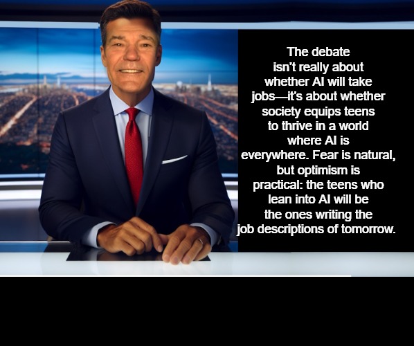 A I | The debate isn’t really about whether AI will take jobs—it’s about whether society equips teens to thrive in a world where AI is everywhere. Fear is natural, but optimism is practical: the teens who lean into AI will be the ones writing the job descriptions of tomorrow. | image tagged in lewcaster,a i,kewlew | made w/ Imgflip meme maker