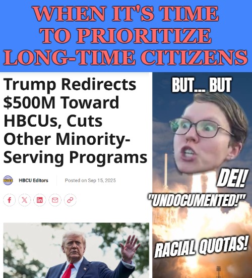 HBCU (Historically Black College or University). One-time investment to spend effectively | WHEN IT'S TIME TO PRIORITIZE LONG-TIME CITIZENS | image tagged in triggered liberal,donald trump,black people,american politics,education | made w/ Imgflip meme maker