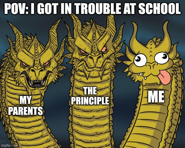 rnakfulebrubfaerhu | POV: I GOT IN TROUBLE AT SCHOOL; THE PRINCIPLE; ME; MY PARENTS | image tagged in three-headed dragon,godzilla | made w/ Imgflip meme maker