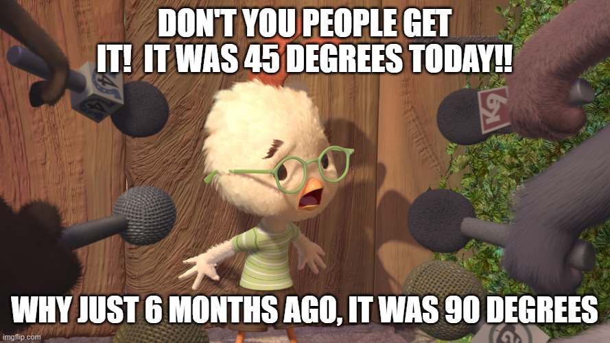Chicken Little | DON'T YOU PEOPLE GET IT!  IT WAS 45 DEGREES TODAY!! WHY JUST 6 MONTHS AGO, IT WAS 90 DEGREES | image tagged in chicken little | made w/ Imgflip meme maker
