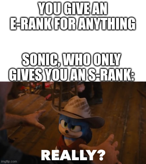 Sonic Disapproves of... | YOU GIVE AN E-RANK FOR ANYTHING SONIC, WHO ONLY GIVES YOU AN S-RANK: | image tagged in sonic disapproves of | made w/ Imgflip meme maker