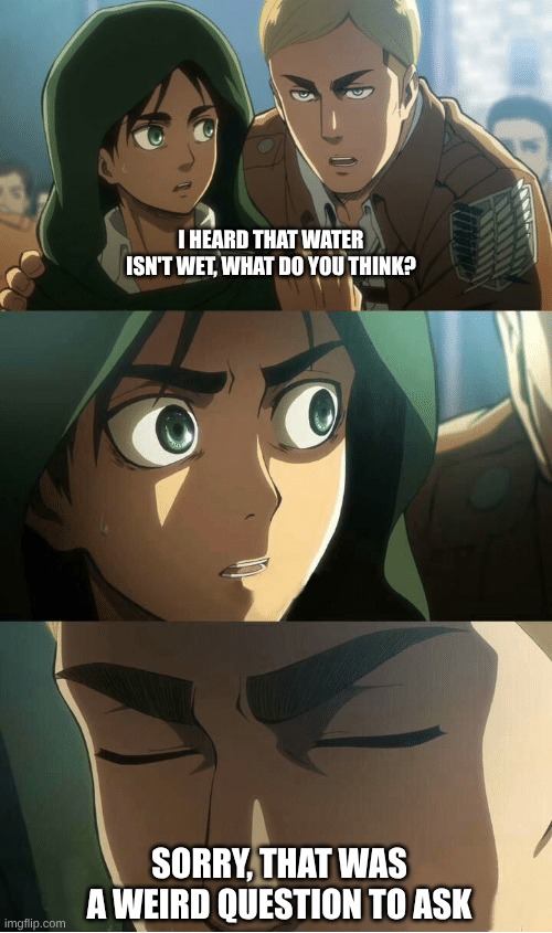 sdpimfnpaindfisndi | I HEARD THAT WATER ISN'T WET, WHAT DO YOU THINK? SORRY, THAT WAS A WEIRD QUESTION TO ASK | image tagged in erwin aot,aot | made w/ Imgflip meme maker