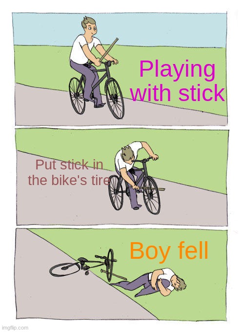 Bike Fall | Playing with stick; Put stick in the bike's tire; Boy fell | image tagged in memes,bike fall | made w/ Imgflip meme maker