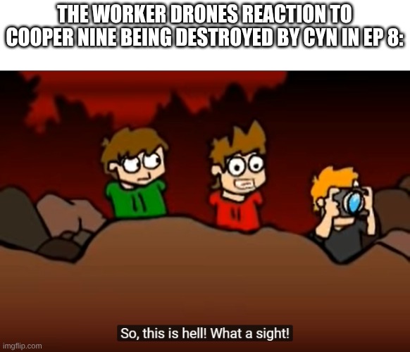 worker drones reaction in EP 8: | THE WORKER DRONES REACTION TO COOPER NINE BEING DESTROYED BY CYN IN EP 8: | image tagged in so this is hell,murder drones | made w/ Imgflip meme maker