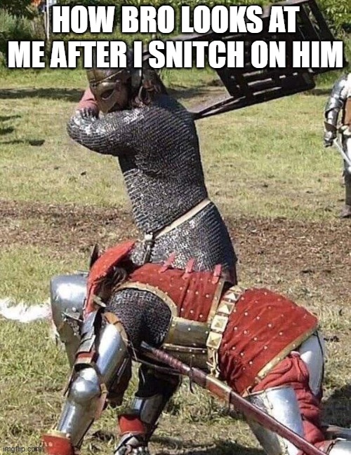 Damn dude | HOW BRO LOOKS AT ME AFTER I SNITCH ON HIM | image tagged in knight knight chair fight | made w/ Imgflip meme maker
