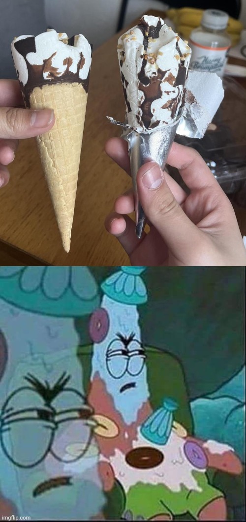 Coneless ice cream cone on the right | image tagged in patrick ice cream,ice cream,ice cream cone,you had one job,memes,dessert | made w/ Imgflip meme maker