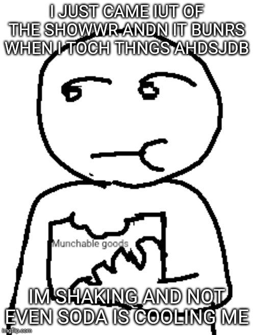 Munchable goods | I JUST CAME IUT OF THE SHOWWR ANDN IT BUNRS WHEN I TOCH THNGS AHDSJDB; IM SHAKING AND NOT EVEN SODA IS COOLING ME | image tagged in munchable goods | made w/ Imgflip meme maker