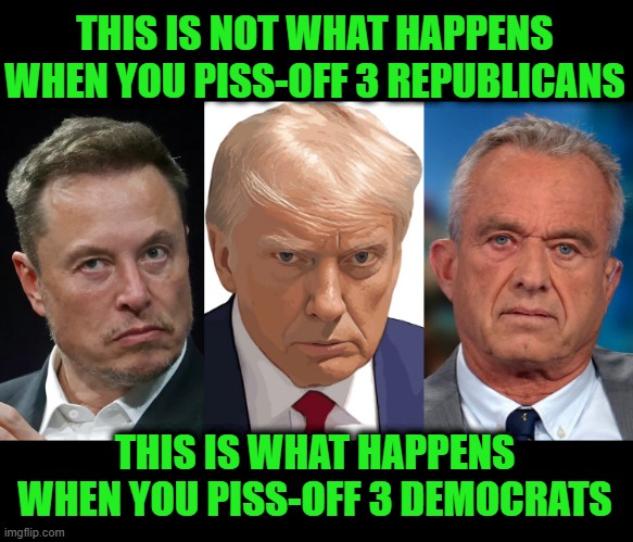 The MAGA Democrats | THIS IS NOT WHAT HAPPENS WHEN YOU PISS-OFF 3 REPUBLICANS; THIS IS WHAT HAPPENS WHEN YOU PISS-OFF 3 DEMOCRATS | image tagged in elon musk,donald trump,rfk jr | made w/ Imgflip meme maker
