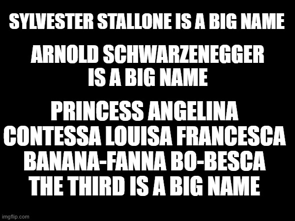 Big Name Keep it going... | SYLVESTER STALLONE IS A BIG NAME; ARNOLD SCHWARZENEGGER IS A BIG NAME; PRINCESS ANGELINA CONTESSA LOUISA FRANCESCA BANANA-FANNA BO-BESCA THE THIRD IS A BIG NAME | image tagged in sylvester stallone,arnold schwarzenegger | made w/ Imgflip meme maker