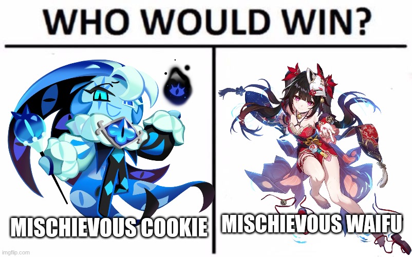 Shadow Milk Cookie Vs Sparkle. Who will win? | MISCHIEVOUS WAIFU; MISCHIEVOUS COOKIE | image tagged in memes,who would win,cookie run kingdom,honkai star rail,crk,hsr | made w/ Imgflip meme maker