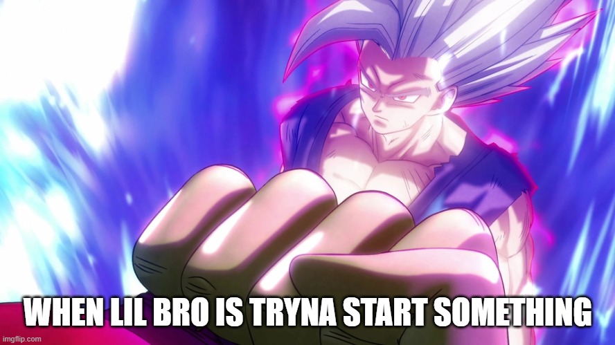 Beast Gohan Unimpressed | WHEN LIL BRO IS TRYNA START SOMETHING | image tagged in beast gohan unimpressed | made w/ Imgflip meme maker