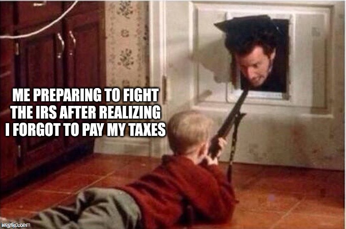 Home Alone | ME PREPARING TO FIGHT THE IRS AFTER REALIZING I FORGOT TO PAY MY TAXES | image tagged in home alone | made w/ Imgflip meme maker