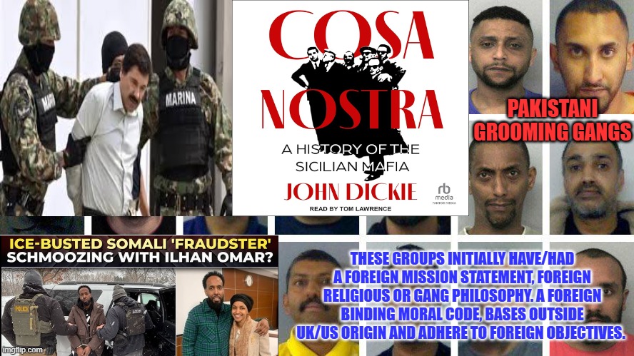 All of these groups either sent money BACK to their foreign HQ's of origin or at least started that way originally | PAKISTANI GROOMING GANGS; THESE GROUPS INITIALLY HAVE/HAD A FOREIGN MISSION STATEMENT, FOREIGN RELIGIOUS OR GANG PHILOSOPHY. A FOREIGN BINDING MORAL CODE, BASES OUTSIDE UK/US ORIGIN AND ADHERE TO FOREIGN OBJECTIVES. | image tagged in mafia,cosa nostra,mexican cartels,pakistani grooming gangs | made w/ Imgflip meme maker