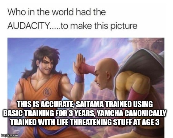 I don't care if you wish to argue, it's fine | THIS IS ACCURATE, SAITAMA TRAINED USING BASIC TRAINING FOR 3 YEARS, YAMCHA CANONICALLY TRAINED WITH LIFE THREATENING STUFF AT AGE 3 | image tagged in dragon ball z,one punch man,try me,i don't care what you think | made w/ Imgflip meme maker