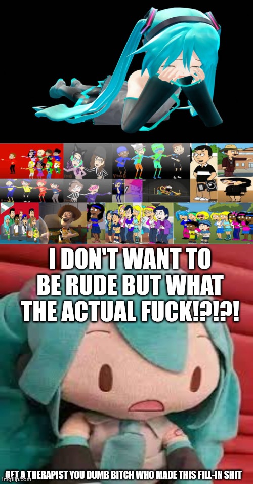 Miku's Response To This Piece Of Shit | I DON'T WANT TO BE RUDE BUT WHAT THE ACTUAL FUCK!?!?! GET A THERAPIST YOU DUMB BITCH WHO MADE THIS FILL-IN SHIT | image tagged in hatsune miku,miku,vocaloid,cringe worthy,stop it get some help | made w/ Imgflip meme maker