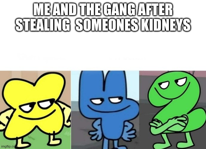 BFB Smug | ME AND THE GANG AFTER STEALING  SOMEONES KIDNEYS | image tagged in bfb smug | made w/ Imgflip meme maker