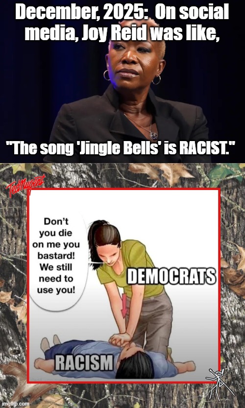 Jingle Joy-less Reid | December, 2025:  On social media, Joy Reid was like, "The song 'Jingle Bells' is RACIST." | image tagged in jingle bells,christmas,christmas songs,christmas music | made w/ Imgflip meme maker