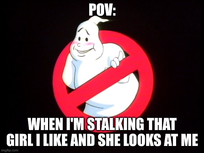 I'm cooked | POV:; WHEN I'M STALKING THAT GIRL I LIKE AND SHE LOOKS AT ME | image tagged in blushing the real ghostbusters logo,ghostbusters | made w/ Imgflip meme maker