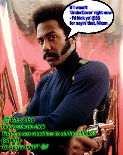Shaft | If I wasn't 'UnderCover' right now - I'd kick yo' @$$ for sayin' that, Nixon... ?"Who's the black private dick
That's a sex machine to all t | image tagged in shaft | made w/ Imgflip meme maker