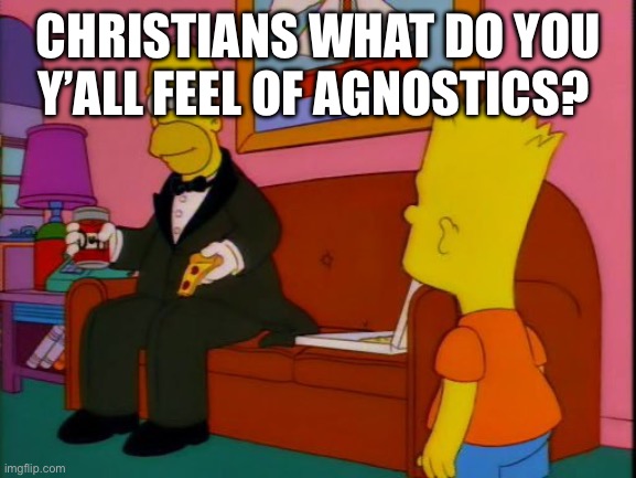 I’m curious | CHRISTIANS WHAT DO YOU Y’ALL FEEL OF AGNOSTICS? | image tagged in por que tan elegante homero | made w/ Imgflip meme maker