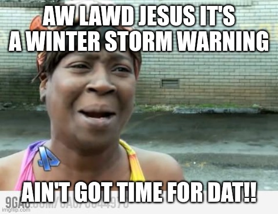 Sweet Brown | AW LAWD JESUS IT'S A WINTER STORM WARNING; AIN'T GOT TIME FOR DAT!! | image tagged in sweet brown | made w/ Imgflip meme maker