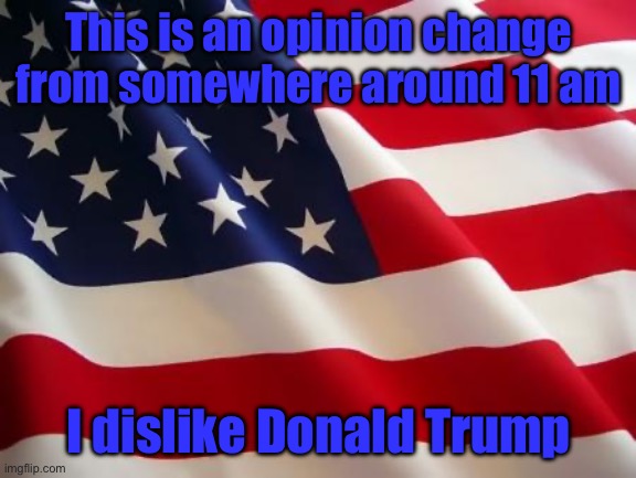 American flag | This is an opinion change from somewhere around 11 am; I dislike Donald Trump | image tagged in american flag,donald trump | made w/ Imgflip meme maker