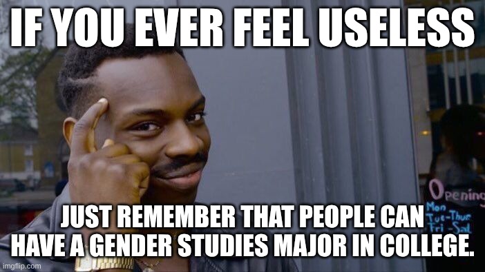 You are not as useless as gender studies. | IF YOU EVER FEEL USELESS; JUST REMEMBER THAT PEOPLE CAN HAVE A GENDER STUDIES MAJOR IN COLLEGE. | image tagged in memes,roll safe think about it | made w/ Imgflip meme maker