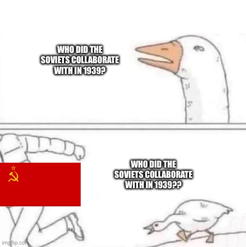 Daily Reminder: The Molotov-Ribbentrop Pact Exists | WHO DID THE SOVIETS COLLABORATE WITH IN 1939? WHO DID THE SOVIETS COLLABORATE WITH IN 1939?? | image tagged in goose chase | made w/ Imgflip meme maker