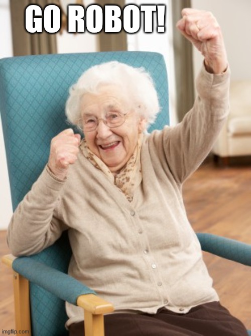old woman cheering | GO ROBOT! | image tagged in old woman cheering | made w/ Imgflip meme maker