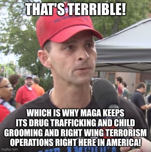 Trump supporter | THAT'S TERRIBLE! WHICH IS WHY MAGA KEEPS ITS DRUG TRAFFICKING AND CHILD GROOMING AND RIGHT WING TERRORISM OPERATIONS RIGHT HERE IN AMERICA! | image tagged in trump supporter | made w/ Imgflip meme maker
