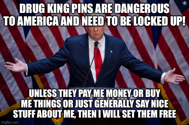 Donald Trump | DRUG KING PINS ARE DANGEROUS TO AMERICA AND NEED TO BE LOCKED UP! UNLESS THEY PAY ME MONEY OR BUY ME THINGS OR JUST GENERALLY SAY NICE STUFF | image tagged in donald trump | made w/ Imgflip meme maker
