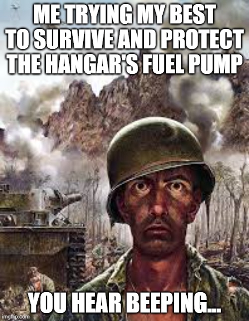 Isle Hangar | ME TRYING MY BEST TO SURVIVE AND PROTECT THE HANGAR'S FUEL PUMP; YOU HEAR BEEPING... | image tagged in thousand yard stare | made w/ Imgflip meme maker