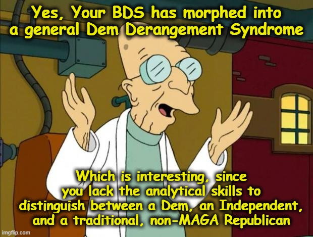 Yes, Your BDS has morphed into a general Dem Derangement Syndrome Which is interesting, since you lack the analytical skills to distinguish  | image tagged in professor farnsworth good news everyone | made w/ Imgflip meme maker