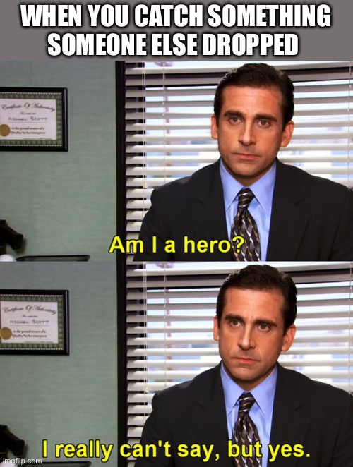 Oops | WHEN YOU CATCH SOMETHING SOMEONE ELSE DROPPED | image tagged in am i a hero michael scott,funny memes,the office,politics,middle school,catch | made w/ Imgflip meme maker