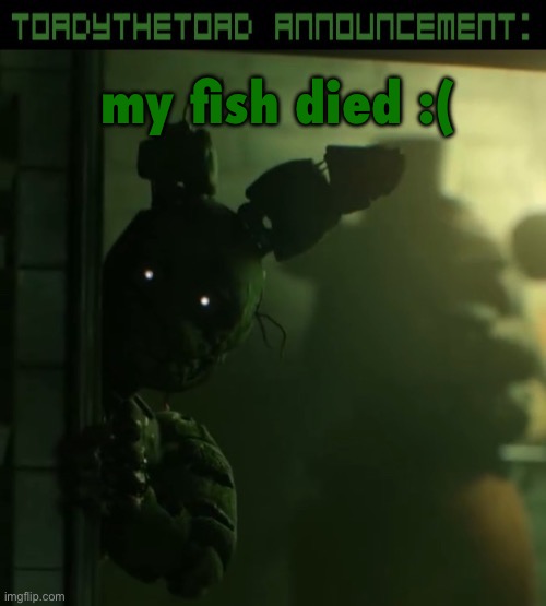 toady announcement template | my fish died :( | image tagged in toady announcement template | made w/ Imgflip meme maker