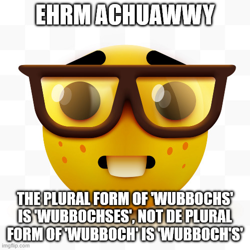 EHRM ACHUAWWY THE PLURAL FORM OF 'WUBBOCHS' IS 'WUBBOCHSES', NOT DE PLURAL FORM OF 'WUBBOCH' IS 'WUBBOCH'S' | image tagged in nerd emoji | made w/ Imgflip meme maker