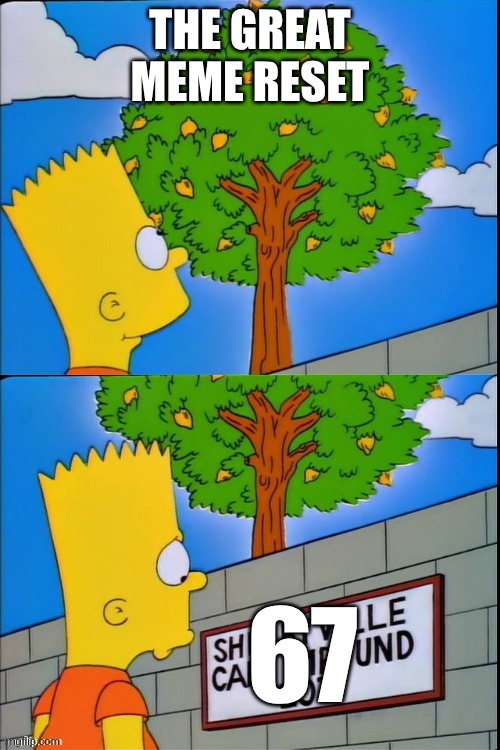 sdokfnojidjfnoaidfnsoju | THE GREAT MEME RESET; 67 | image tagged in bart simpson lemon tree,the simpsons | made w/ Imgflip meme maker