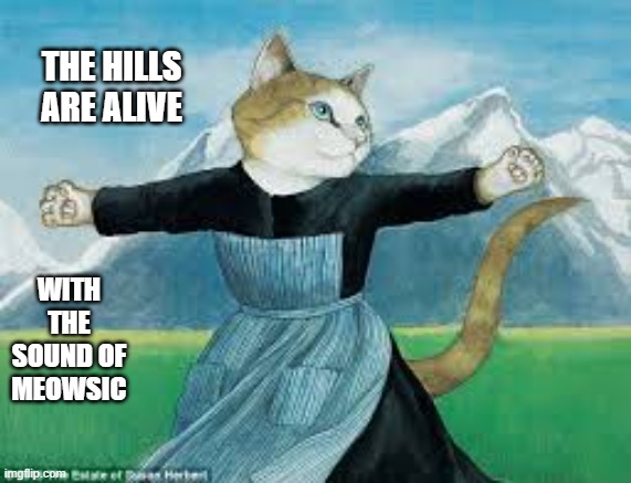 The Hills are alive with the Sound of Meowsic.   ---   funny   --- | THE HILLS ARE ALIVE; WITH THE SOUND OF MEOWSIC | image tagged in cat,kittens,funny,humor,play on words,christmas | made w/ Imgflip meme maker