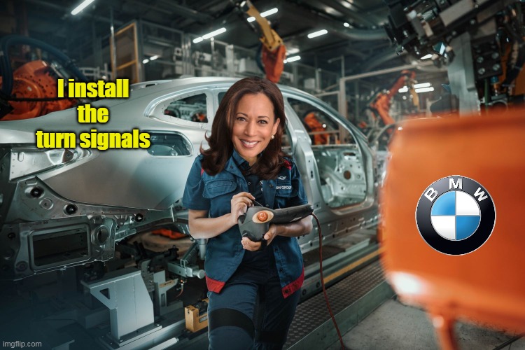 Kammie gets another "Non Essential" job (turn signal czar) | I install the turn signals | image tagged in kamala bmw turn signal meme | made w/ Imgflip meme maker