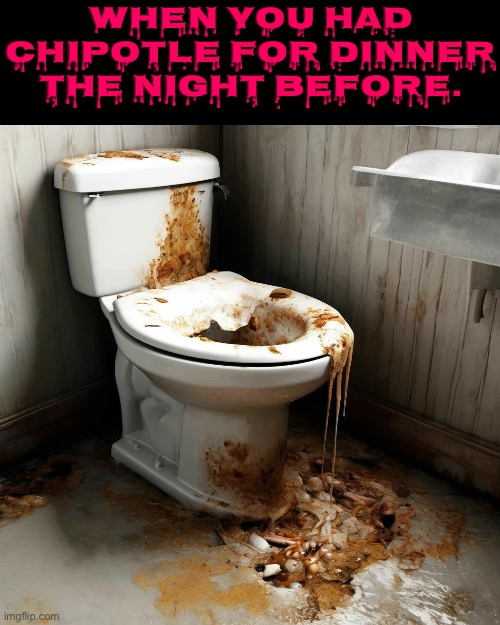 Chipotle Dinner | WHEN YOU HAD CHIPOTLE FOR DINNER THE NIGHT BEFORE. | image tagged in chipotle,diarrhea,explosions,dinner,potty humor,mexican food | made w/ Imgflip meme maker